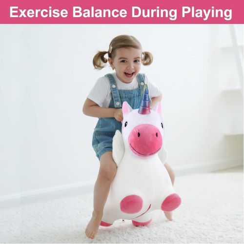  iPlay, iLearn Unicorn Bouncy Horse Plush, Outdoors n Indoors Ride On Hopping Animal Toys, Inflatable Hopper, Unique Activity Riding Gifts for 18 Months, 2, 3, 4, Year Olds Kids Tod