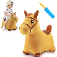 iPlay, iLearn Yellow Hopping Horse, Outdoors Ride On Bouncy Animal Play Toys, Inflatable Hopper Plush Covered with Pump, Activities Gift for 18 Months, 2, 3, 4, 5 Year Old Kids Tod