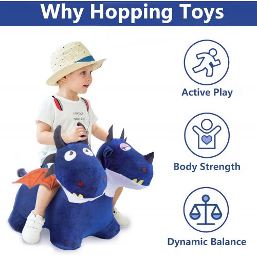  iPlay, iLearn Blue Bouncy Horse Hopper Toys, Plush Cover Two-Headed Hopping Dragon, Inflatable Ride Animal W/ Pump, Outdoor Indoor Jump Gifts for 18 24 Month, 2 3 4 Year Olds, Boys