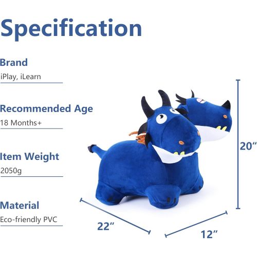  iPlay, iLearn Blue Bouncy Horse Hopper Toys, Plush Cover Two-Headed Hopping Dragon, Inflatable Ride Animal W/ Pump, Outdoor Indoor Jump Gifts for 18 24 Month, 2 3 4 Year Olds, Boys