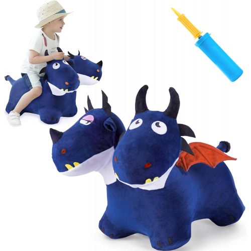  iPlay, iLearn Blue Bouncy Horse Hopper Toys, Plush Cover Two-Headed Hopping Dragon, Inflatable Ride Animal W/ Pump, Outdoor Indoor Jump Gifts for 18 24 Month, 2 3 4 Year Olds, Boys