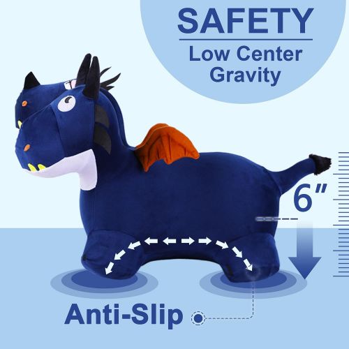  iPlay, iLearn Blue Bouncy Horse Hopper Toys, Plush Cover Two-Headed Hopping Dragon, Inflatable Ride Animal W/ Pump, Outdoor Indoor Jump Gifts for 18 24 Month, 2 3 4 Year Olds, Boys