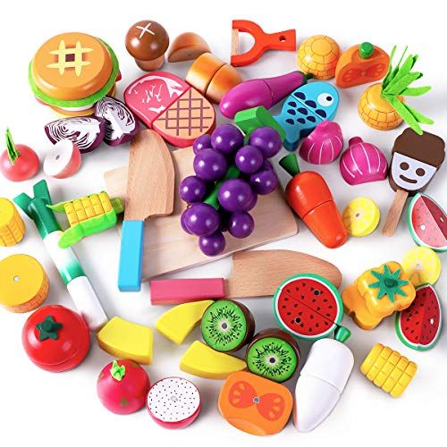  iPlay, iLearn Cutting & Cooking Toy, Wooden Food, Pretend Play Kitchen Set, Magnetic Wood Fruit, Early Educational Development, Learning Gift for 3, 4, 5, 6 Year Old Kids, Toddlers