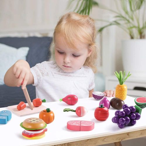  iPlay, iLearn Cutting & Cooking Toy, Wooden Food, Pretend Play Kitchen Set, Magnetic Wood Fruit, Early Educational Development, Learning Gift for 3, 4, 5, 6 Year Old Kids, Toddlers