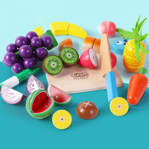  iPlay, iLearn Cutting & Cooking Toy, Wooden Food, Pretend Play Kitchen Set, Magnetic Wood Fruit, Early Educational Development, Learning Gift for 3, 4, 5, 6 Year Old Kids, Toddlers