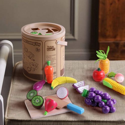  iPlay, iLearn Cutting & Cooking Toy, Wooden Food, Pretend Play Kitchen Set, Magnetic Wood Fruit, Early Educational Development, Learning Gift for 3, 4, 5, 6 Year Old Kids, Toddlers