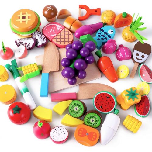  iPlay, iLearn Cutting & Cooking Toy, Wooden Food, Pretend Play Kitchen Set, Magnetic Wood Fruit, Early Educational Development, Learning Gift for 3, 4, 5, 6 Year Old Kids, Toddlers