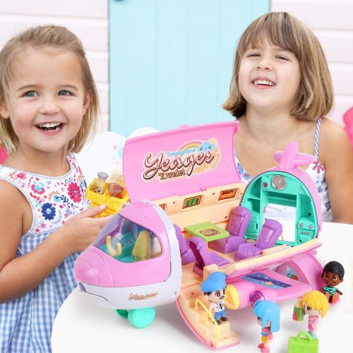  iPlay, iLearn Airplane Doll House Playset, Girls Dollhouse Pretend Play Set, Toddler Pink Dream Jet Plane Toy Accessory W/ 5 Mini People, Furniture, Imaginative Birthday Gifts for