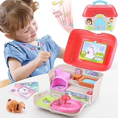  iPlay, iLearn Musical Dog House Toy Set for Kids, Toddler Pretend Play Puppy Pet Care Playset, Electric Doggy Pals W/ Carrier, Birthday Gift for 18 24 Month, 2 3 4 5 Year Old Girls