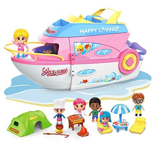  iPlay, iLearn Girls Dollhouse Playset, Boat Toy Set W/ Small Dolls, Kids Pretend House Accessories W/ Cruise Ship, 3 Inch Mini People, Indoor Creative Birthday Gift for 3 4 5 6 Yea