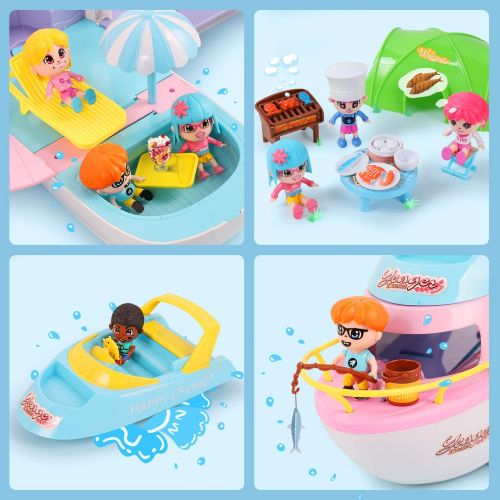  iPlay, iLearn Girls Dollhouse Playset, Boat Toy Set W/ Small Dolls, Kids Pretend House Accessories W/ Cruise Ship, 3 Inch Mini People, Indoor Creative Birthday Gift for 3 4 5 6 Yea