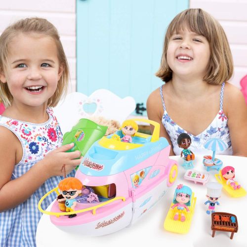  iPlay, iLearn Girls Dollhouse Playset, Boat Toy Set W/ Small Dolls, Kids Pretend House Accessories W/ Cruise Ship, 3 Inch Mini People, Indoor Creative Birthday Gift for 3 4 5 6 Yea