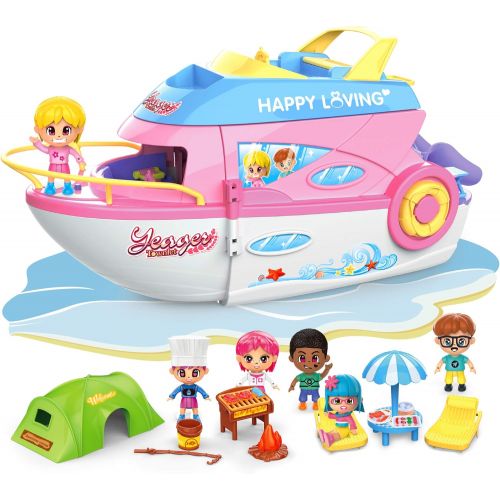  iPlay, iLearn Girls Dollhouse Playset, Boat Toy Set W/ Small Dolls, Kids Pretend House Accessories W/ Cruise Ship, 3 Inch Mini People, Indoor Creative Birthday Gift for 3 4 5 6 Yea