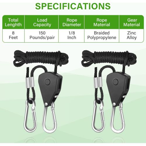  [아마존베스트]iPower GLROPE 1-Pair 1/8 Inch 8-Feet Long Heavy Duty Adjustable Rope Clip Hanger (150lbs Weight Capacity) Reinforced Metal Internal Gears, 1 Pack, Black