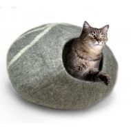 IPrimio 100% Natural Wool Large Cat Cave - Handmade Premium Shaped Felt - Makes Great Covered Cat House and Bed for Kitty. for Indoor Cozy Hideaway. Large Pod Soft Hooded Bed Area.