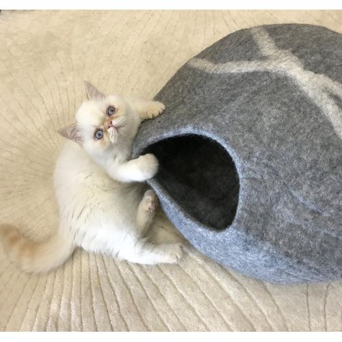  IPrimio 100% Natural Wool Large Cat Cave - Handmade Premium Shaped Felt - Makes Great Covered Cat House and Bed for Kitty. for Indoor Cozy Hideaway. Large Pod Soft Hooded Bed Area.