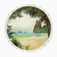 IPrint iPrint 90 Round Polyester Linen Tablecloth,Ocean,Palm Coconut Trees and Ocean Waves Across Mountains on Paradise Island Beach Image,Green Brown Cream,for Dinner Kitchen Home Decor