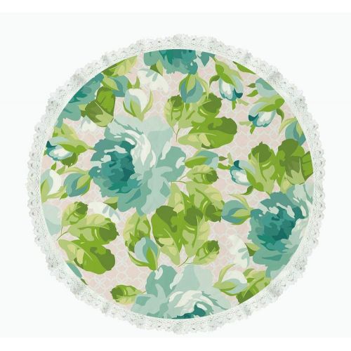  iPrint 90 Round Polyester Linen Tablecloth,Shabby Chic Decor,Tropical Botany Garden Theme Blue Roses Leaves Bouquets,Turquoise Green Light Pink,for Dinner Kitchen Home Decor