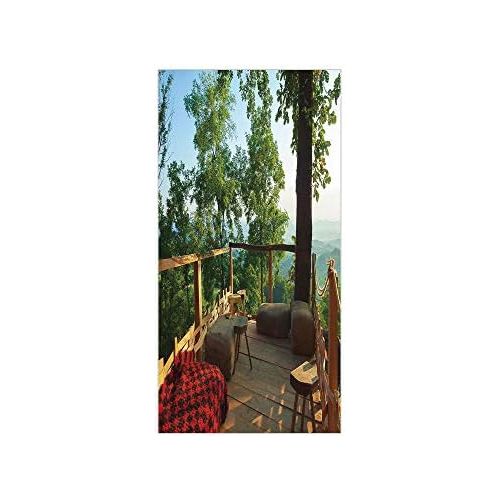  IPrint 3D Decorative Film Privacy Window Film No Glue,Country Home Decor,View from Wooden Terrace in Forest with Idyllic Non Urban Outdoors,Green Brown Red,for Home&Office