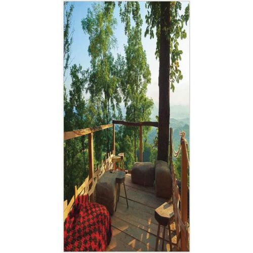 IPrint 3D Decorative Film Privacy Window Film No Glue,Country Home Decor,View from Wooden Terrace in Forest with Idyllic Non Urban Outdoors,Green Brown Red,for Home&Office