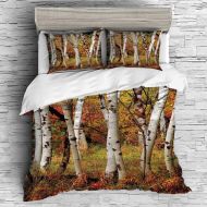 IPrint All Season Flannel Bedding Duvet Covers Sets for Girl Boy Kids 4 Pcs (double size)Fall Decor,White Fall Birch Trees with Autumn Leaves Growth Wilderness Ecology Calm View Decorativ