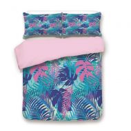 IPrint Pink Duvet Cover Set／FULL Size／Digital Neon Vivid Colored Island Oceanic Flowers and Leaves／Decorative 3 Piece Bedding Set with 2 Pillow Sham／Best Gift For Girls Women／Pink Turquoi