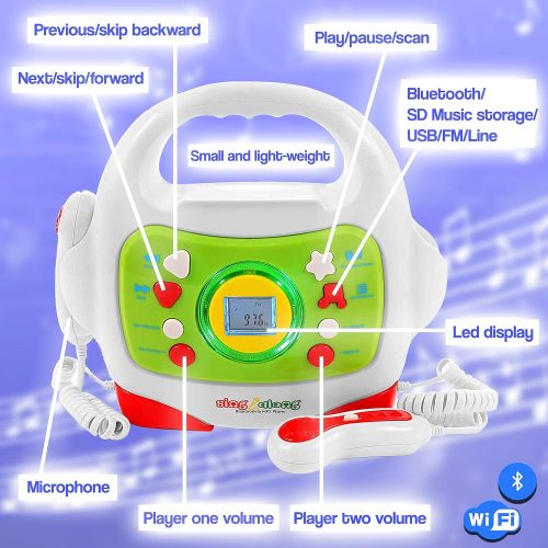  [아마존베스트]IQ Toys MP3 Music Player, with 2 Sing Along Karaoke Microphones and Adapter, Stream Music by Bluetooth, MP3 or Micro SD