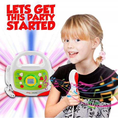  [아마존베스트]IQ Toys MP3 Music Player, with 2 Sing Along Karaoke Microphones and Adapter, Stream Music by Bluetooth, MP3 or Micro SD