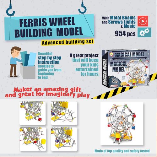  [아마존베스트]IQ Toys Ferris Wheel Building Model with Metal Beams and Screws Lights & Music 954 pcs