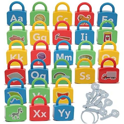  [아마존베스트]IQ Toys ABC Learning Locks Educational Alphabet Set- with 26 Locks, 26 Keys and 4 Keyrings