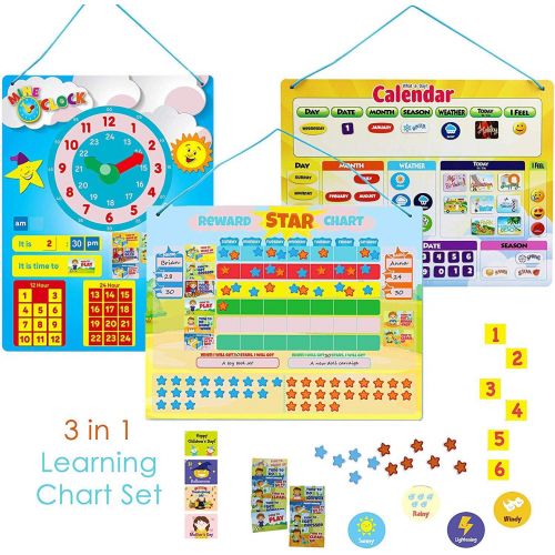  IQ Toys 3 in 1 Kids Magnetic Reward Behavior Chore Chart, Calendar and Telling Time for Homeschool Supplies, Kindergartens and Classrooms