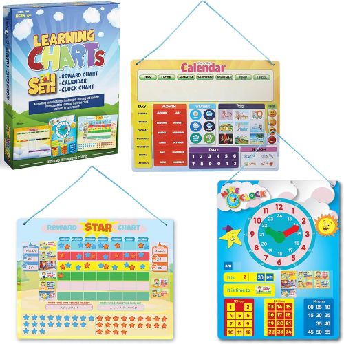  IQ Toys 3 in 1 Kids Magnetic Reward Behavior Chore Chart, Calendar and Telling Time for Homeschool Supplies, Kindergartens and Classrooms