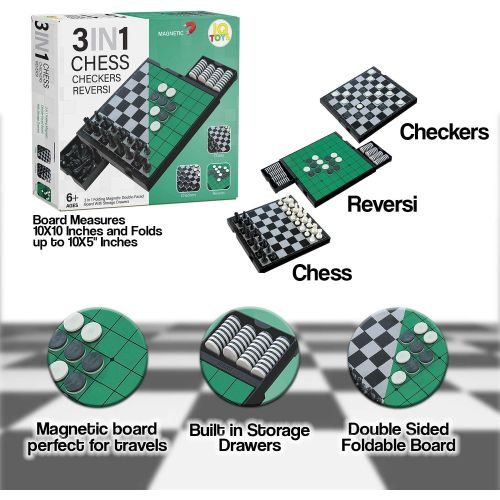  [아마존베스트]IQ Toys 3 in 1 Travel Magnetic Chess, Checkers and Reversi Set with Foldable Board and Built in Storage Drawers