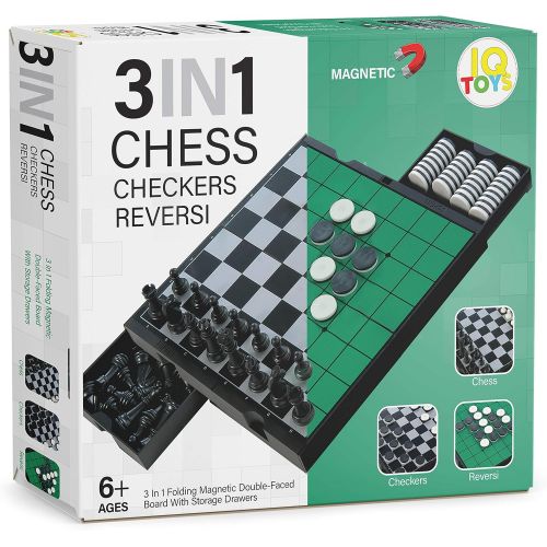  [아마존베스트]IQ Toys 3 in 1 Travel Magnetic Chess, Checkers and Reversi Set with Foldable Board and Built in Storage Drawers