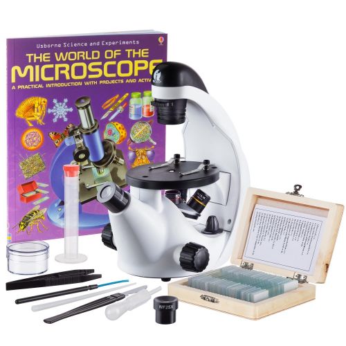  IQCrew STEM Science Discovery 40X-500X Inverted Microscope with 25 Prepared Slides, and Microscope Book for Students and Kids