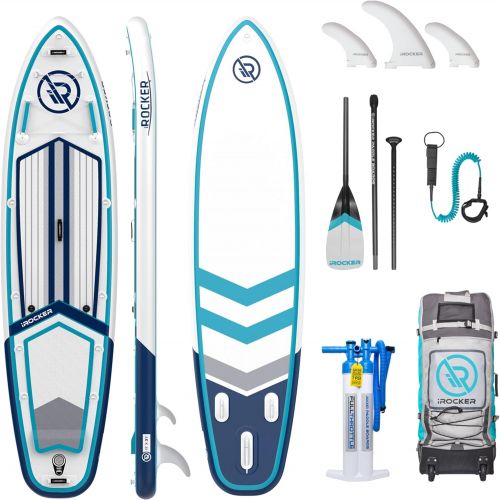  iROCKER Sport Inflatable Stand Up Paddle Board, Extremely Stable 11 Long x 31 Wide x 6 Thick Premium SUP with Roller Bag, Carbon Paddle, Pump, Leash, Fins & Repair Kit