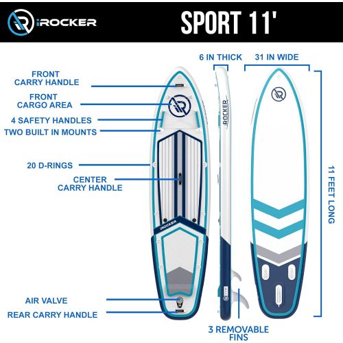  iROCKER Sport Inflatable Stand Up Paddle Board, Extremely Stable 11 Long x 31 Wide x 6 Thick Premium SUP with Roller Bag, Carbon Paddle, Pump, Leash, Fins & Repair Kit