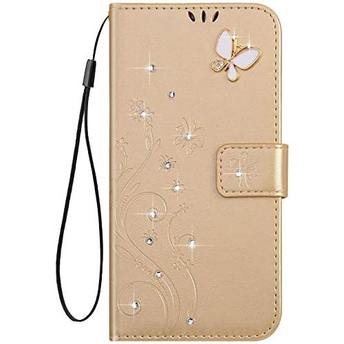  [아마존베스트]ISAKEN Compatible with Samsung Galaxy A41 Leather Flip Case Glitter Bling Diamond Wallet Protective Case Butterfly Flower Pattern Flip Case Mobile Phone Case with Card Slots Gold