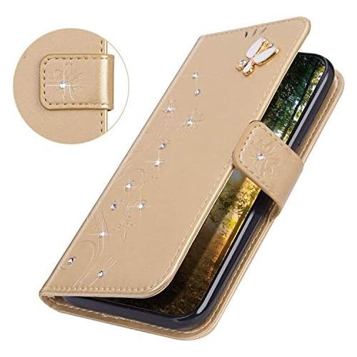  [아마존베스트]ISAKEN Compatible with Samsung Galaxy A41 Leather Flip Case Glitter Bling Diamond Wallet Protective Case Butterfly Flower Pattern Flip Case Mobile Phone Case with Card Slots Gold