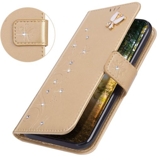  [아마존베스트]ISAKEN Compatible with Samsung Galaxy A41 Leather Flip Case Glitter Bling Diamond Wallet Protective Case Butterfly Flower Pattern Flip Case Mobile Phone Case with Card Slots Gold