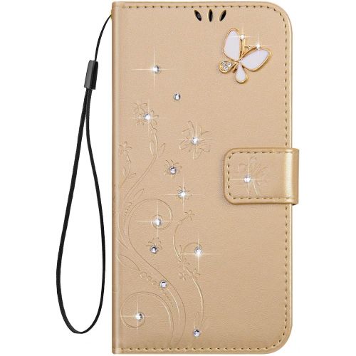  [아마존베스트]ISAKEN Compatible with Samsung Galaxy A41 Leather Flip Case Glitter Bling Diamond Wallet Protective Case Butterfly Flower Pattern Flip Case Mobile Phone Case with Card Slots Gold