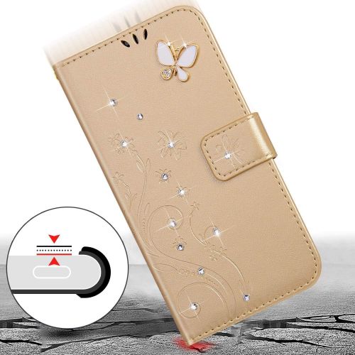  [아마존베스트]ISAKEN Compatible with Samsung Galaxy A41 Leather Flip Case Glitter Bling Diamond Wallet Protective Case Butterfly Flower Pattern Flip Case Mobile Phone Case with Card Slots Gold