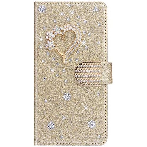  [아마존베스트]ISAKEN Kompatibel mit Samsung Galaxy S10 Lite Huelle Leder Tasche Flip Case Glitzer Bling Diamant Brieftasche Schutzhuelle, Liebe Herz Muster Klapphuelle Handyhuelle mit Kartenfacher,Gold