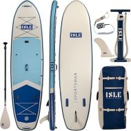 ISLE Sportsman Inflatable Stand Up Paddle Board, Incl. Coil Leash, Nylon Touring Center Fin, Backpack, Hand Pump, Paddle - Fishing SUP - 11.6 x 36 x 6 in, 350 lbs - California Design - Aqua/Navy