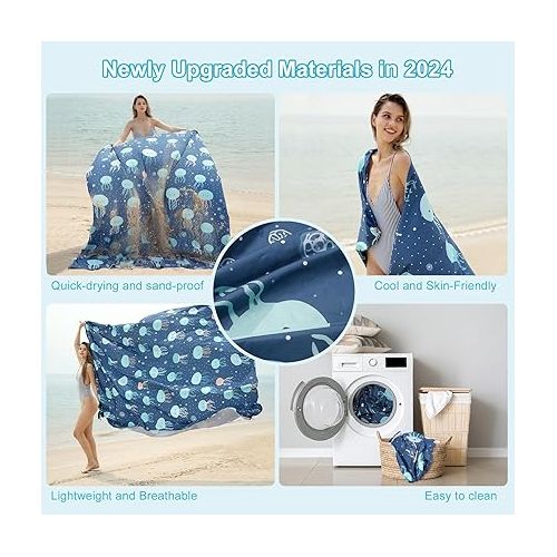  ISOPHO Beach Blanket Sand Proof, Pongee Picnic blankets, Extra Large Beach Mat Quick Drying, Lightweight & Durable, Esentials for Outdoors, Travel, Beach Picnic, 79 x 87 Inches, Jellyfish Print