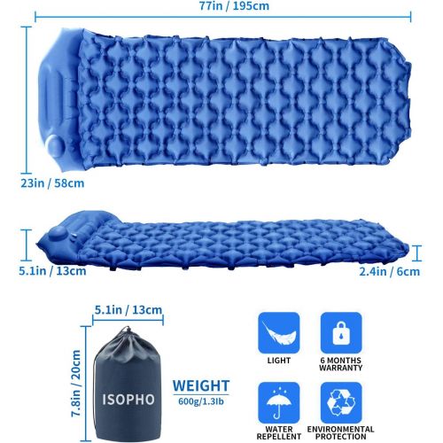  ISOPHO Camping Sleeping Pad with Built-in Pump,Inflatable Backpacking Pad with Pillow, Ultralight Durable Camping Mattress,Hiking Air Mat,Camp Sleep Pad for Hiking Traveling & Outd