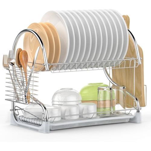  [아마존 핫딜] [아마존핫딜]ISPECLE Dish Drying Rack, iSPECLE 2 Tier Dish Rack with Utensil Holder, Cutting Board Holder and Dish Drainer for Kitchen Counter Top, Plated Chrome Dish Dryer Silver 17.0 X 9.7 X 14.6 inc