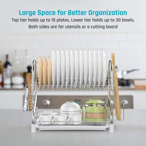  [아마존 핫딜] [아마존핫딜]ISPECLE Dish Drying Rack, iSPECLE 2 Tier Dish Rack with Utensil Holder, Cutting Board Holder and Dish Drainer for Kitchen Counter Top, Plated Chrome Dish Dryer Silver 17.0 X 9.7 X 14.6 inc