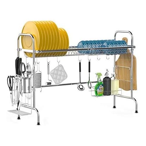  [아마존 핫딜] [아마존핫딜]ISPECLE Over the Sink Dish Drying Rack, iSPECLE Large Premium 201 Stainless Steel Dish Rack with Utensil Holder Hooks for Kitchen Counter Non-slip