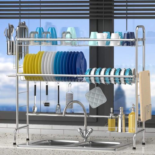  [아마존핫딜][아마존 핫딜] ISPECLE Over the Sink Dish Drying Rack, iSPECLE 2-Tier Large 201 Stainless Steel Dish Rack with Utensil Holder Hooks Stable Bend Foot for Kitchen Counter Non-Slip